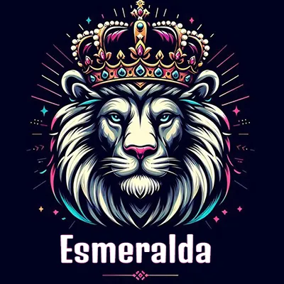 Dibujo majestuoso de león con corona enjoyada, rayos de luz detrás y nombre en la parte inferior. - Esmeralda