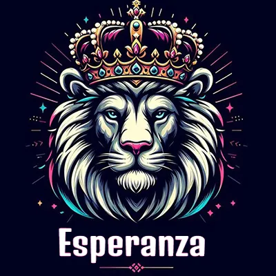 Dibujo majestuoso de león con corona enjoyada, rayos de luz detrás y nombre en la parte inferior. - Esperanza