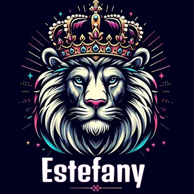 Dibujo majestuoso de león con corona enjoyada, rayos de luz detrás y nombre en la parte inferior. - Estefany