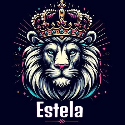Dibujo majestuoso de león con corona enjoyada, rayos de luz detrás y nombre en la parte inferior. - Estela Dibujo majestuoso de león con corona enjoyada, rayos de luz detrás y nombre en la parte inferior. - Estela