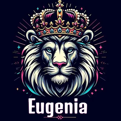 Dibujo majestuoso de león con corona enjoyada, rayos de luz detrás y nombre en la parte inferior. - Eugenia Dibujo majestuoso de león con corona enjoyada, rayos de luz detrás y nombre en la parte inferior. - Eugenia