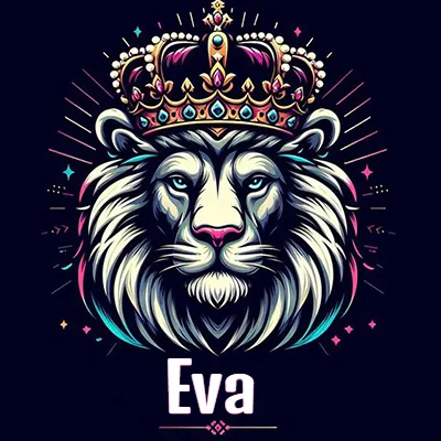 Dibujo majestuoso de león con corona enjoyada, rayos de luz detrás y nombre en la parte inferior. - Eva Dibujo majestuoso de león con corona enjoyada, rayos de luz detrás y nombre en la parte inferior. - Eva