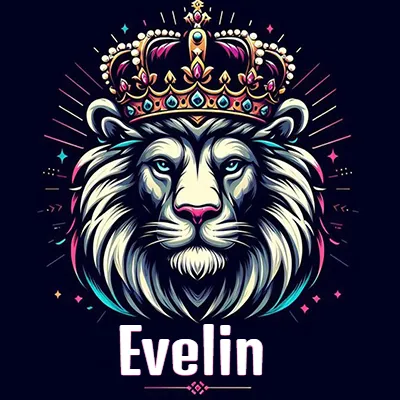 Dibujo majestuoso de león con corona enjoyada, rayos de luz detrás y nombre en la parte inferior. - Evelin