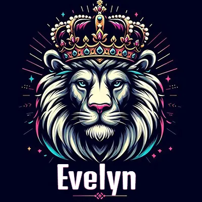 Dibujo majestuoso de león con corona enjoyada, rayos de luz detrás y nombre en la parte inferior. - Evelyn