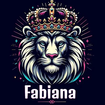 Dibujo majestuoso de león con corona enjoyada, rayos de luz detrás y nombre en la parte inferior. - Fabiana