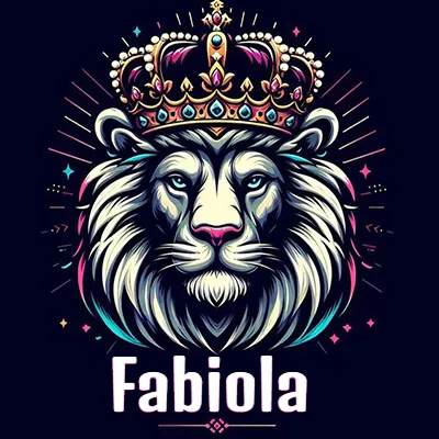 Dibujo majestuoso de león con corona enjoyada, rayos de luz detrás y nombre en la parte inferior. - Fabio