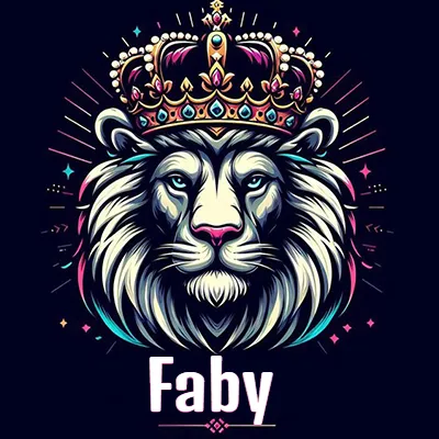 Dibujo majestuoso de león con corona enjoyada, rayos de luz detrás y nombre en la parte inferior. - Faby