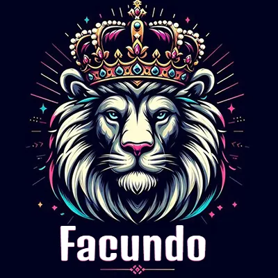 Dibujo majestuoso de león con corona enjoyada, rayos de luz detrás y nombre en la parte inferior. - Facundo