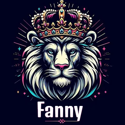 Dibujo majestuoso de león con corona enjoyada, rayos de luz detrás y nombre en la parte inferior. - Fanny