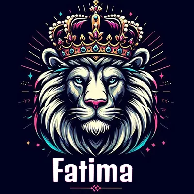 Dibujo majestuoso de león con corona enjoyada, rayos de luz detrás y nombre en la parte inferior. - Fatima Dibujo majestuoso de león con corona enjoyada, rayos de luz detrás y nombre en la parte inferior. - Fatima