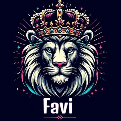 Dibujo majestuoso de león con corona enjoyada, rayos de luz detrás y nombre en la parte inferior. - Favi Dibujo majestuoso de león con corona enjoyada, rayos de luz detrás y nombre en la parte inferior. - Favi