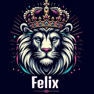 Dibujo majestuoso de león con corona enjoyada, rayos de luz detrás y nombre en la parte inferior. - Felix Dibujo majestuoso de león con corona enjoyada, rayos de luz detrás y nombre en la parte inferior. - Felix