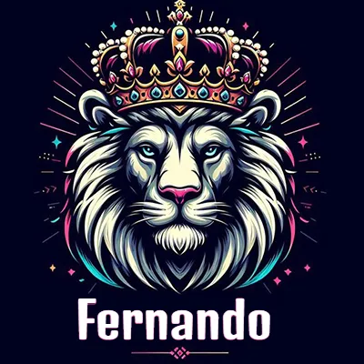 Dibujo majestuoso de león con corona enjoyada, rayos de luz detrás y nombre en la parte inferior. - Fernando Dibujo majestuoso de león con corona enjoyada, rayos de luz detrás y nombre en la parte inferior. - Fernando