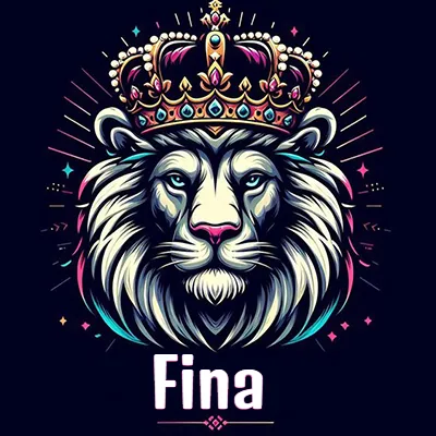 Dibujo majestuoso de león con corona enjoyada, rayos de luz detrás y nombre en la parte inferior. - Fina