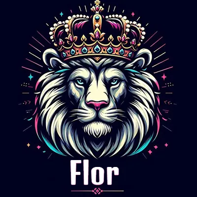 Dibujo majestuoso de león con corona enjoyada, rayos de luz detrás y nombre en la parte inferior. - Flor