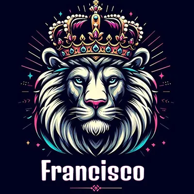 Dibujo majestuoso de león con corona enjoyada, rayos de luz detrás y nombre en la parte inferior. - Francis