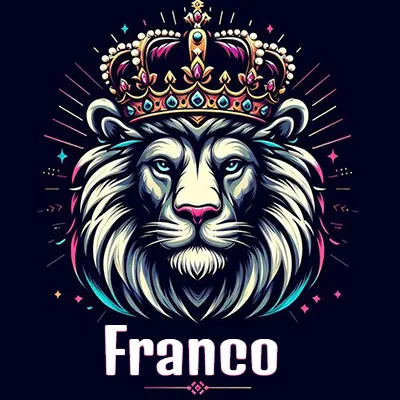 Dibujo majestuoso de león con corona enjoyada, rayos de luz detrás y nombre en la parte inferior. - Franco