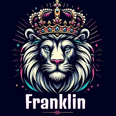 Dibujo majestuoso de león con corona enjoyada, rayos de luz detrás y nombre en la parte inferior. - Franklin