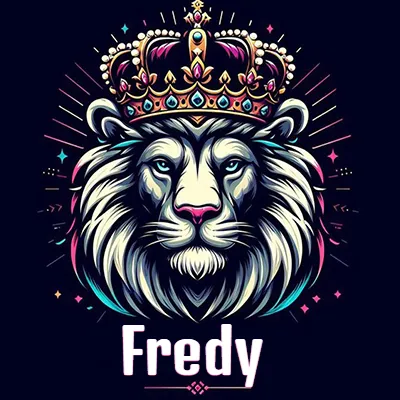 Dibujo majestuoso de león con corona enjoyada, rayos de luz detrás y nombre en la parte inferior. - Fredy Dibujo majestuoso de león con corona enjoyada, rayos de luz detrás y nombre en la parte inferior. - Fredy