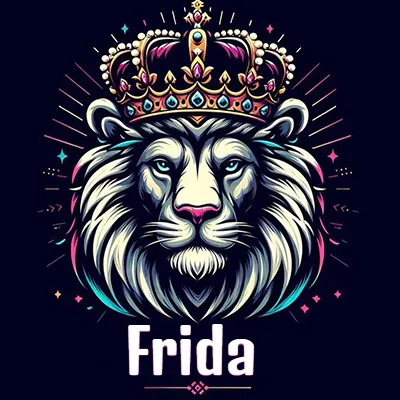 Dibujo majestuoso de león con corona enjoyada, rayos de luz detrás y nombre en la parte inferior. - Frida Dibujo majestuoso de león con corona enjoyada, rayos de luz detrás y nombre en la parte inferior. - Frida