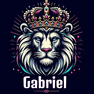 Dibujo majestuoso de león con corona enjoyada, rayos de luz detrás y nombre en la parte inferior. - Gabriel Dibujo majestuoso de león con corona enjoyada, rayos de luz detrás y nombre en la parte inferior. - Gabriel