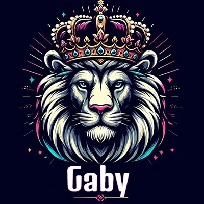 Dibujo majestuoso de león con corona enjoyada, rayos de luz detrás y nombre en la parte inferior. - Gaby