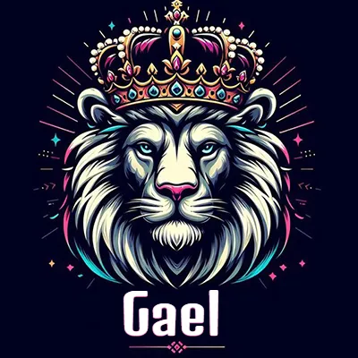 Dibujo majestuoso de león con corona enjoyada, rayos de luz detrás y nombre en la parte inferior. - Gael