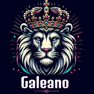 Dibujo majestuoso de león con corona enjoyada, rayos de luz detrás y nombre en la parte inferior. - Galeano Dibujo majestuoso de león con corona enjoyada, rayos de luz detrás y nombre en la parte inferior. - Galeano