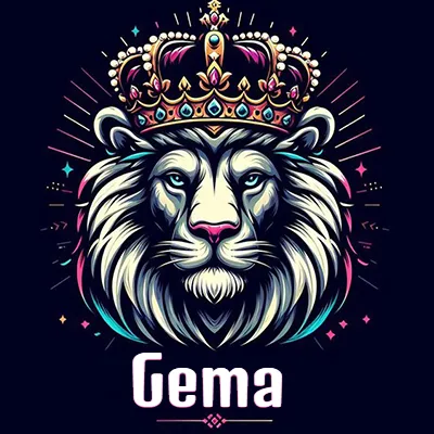 Dibujo majestuoso de león con corona enjoyada, rayos de luz detrás y nombre en la parte inferior. - Gema