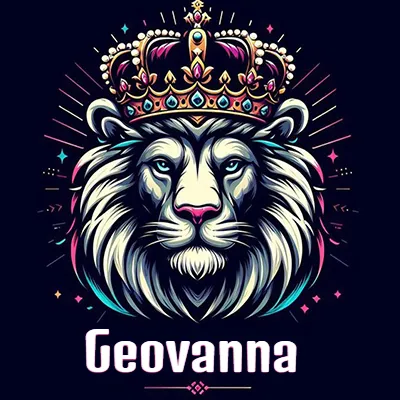 Dibujo majestuoso de león con corona enjoyada, rayos de luz detrás y nombre en la parte inferior. - Geovanna