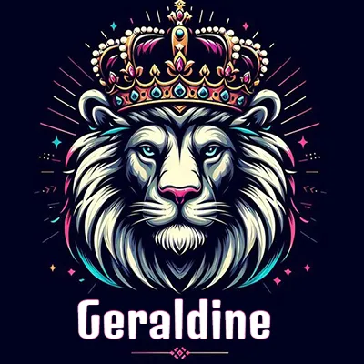 Dibujo majestuoso de león con corona enjoyada, rayos de luz detrás y nombre en la parte inferior. - Geraldine
