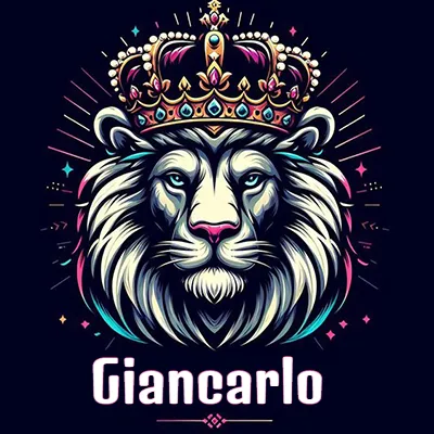 Dibujo majestuoso de león con corona enjoyada, rayos de luz detrás y nombre en la parte inferior. - Giancarlo