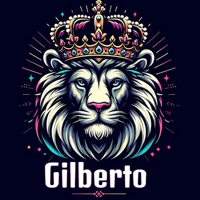 Dibujo majestuoso de león con corona enjoyada, rayos de luz detrás y nombre en la parte inferior. - Gilberto Dibujo majestuoso de león con corona enjoyada, rayos de luz detrás y nombre en la parte inferior. - Gilberto