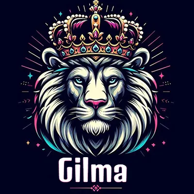 Dibujo majestuoso de león con corona enjoyada, rayos de luz detrás y nombre en la parte inferior. - Gilma