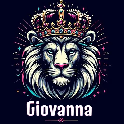 Dibujo majestuoso de león con corona enjoyada, rayos de luz detrás y nombre en la parte inferior. - Giovanna