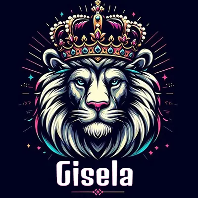 Dibujo majestuoso de león con corona enjoyada, rayos de luz detrás y nombre en la parte inferior. - Gisela