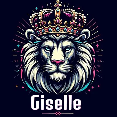Dibujo majestuoso de león con corona enjoyada, rayos de luz detrás y nombre en la parte inferior. - Giselle