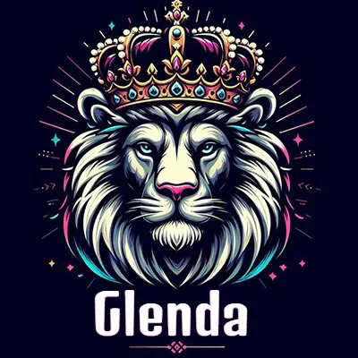Dibujo majestuoso de león con corona enjoyada, rayos de luz detrás y nombre en la parte inferior. - Glenda