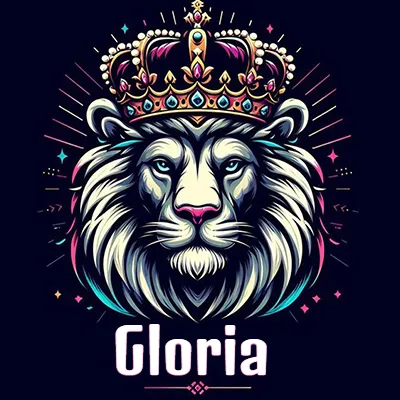 Dibujo majestuoso de león con corona enjoyada, rayos de luz detrás y nombre en la parte inferior. - Gloria Dibujo majestuoso de león con corona enjoyada, rayos de luz detrás y nombre en la parte inferior. - Gloria