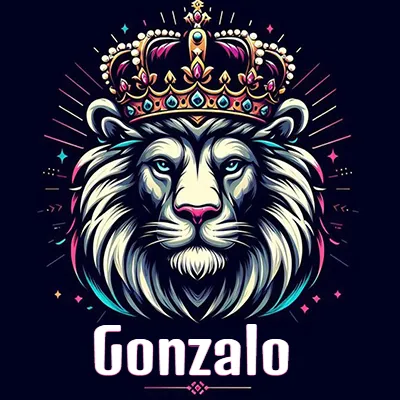 Dibujo majestuoso de león con corona enjoyada, rayos de luz detrás y nombre en la parte inferior. - Gonzalo
