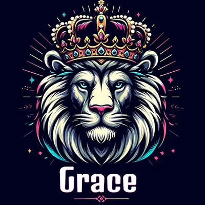 Dibujo majestuoso de león con corona enjoyada, rayos de luz detrás y nombre en la parte inferior. - Grace Dibujo majestuoso de león con corona enjoyada, rayos de luz detrás y nombre en la parte inferior. - Grace