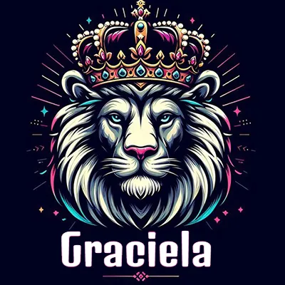 Dibujo majestuoso de león con corona enjoyada, rayos de luz detrás y nombre en la parte inferior. - Graciela Dibujo majestuoso de león con corona enjoyada, rayos de luz detrás y nombre en la parte inferior. - Graciela
