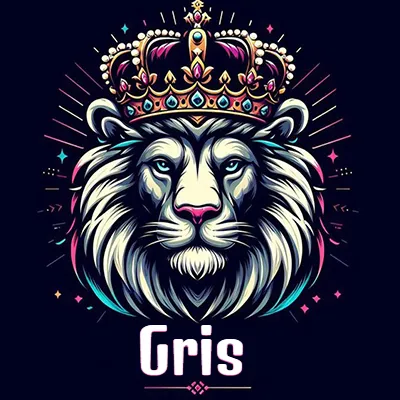 Dibujo majestuoso de león con corona enjoyada, rayos de luz detrás y nombre en la parte inferior. - Gris