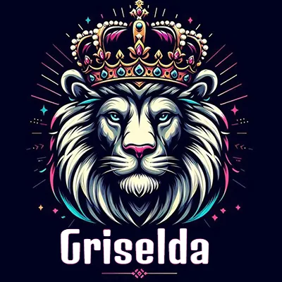 Dibujo majestuoso de león con corona enjoyada, rayos de luz detrás y nombre en la parte inferior. - Griselda