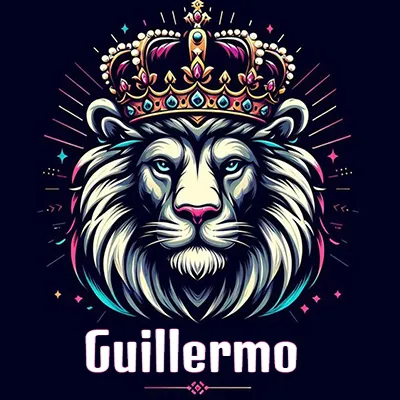 Dibujo majestuoso de león con corona enjoyada, rayos de luz detrás y nombre en la parte inferior. - Guillermo