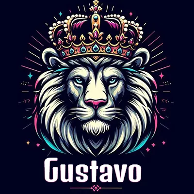 Dibujo majestuoso de león con corona enjoyada, rayos de luz detrás y nombre en la parte inferior. - Gustavo