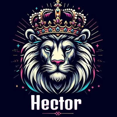 Dibujo majestuoso de león con corona enjoyada, rayos de luz detrás y nombre en la parte inferior. - Hector