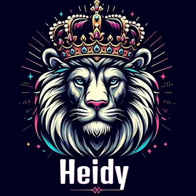 Dibujo majestuoso de león con corona enjoyada, rayos de luz detrás y nombre en la parte inferior. - Heidy