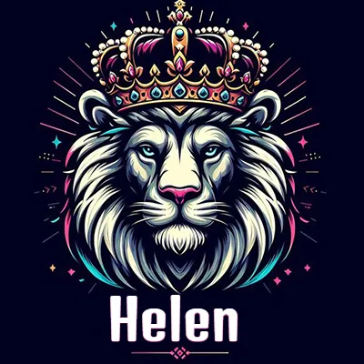 Dibujo majestuoso de león con corona enjoyada, rayos de luz detrás y nombre en la parte inferior. - Helen