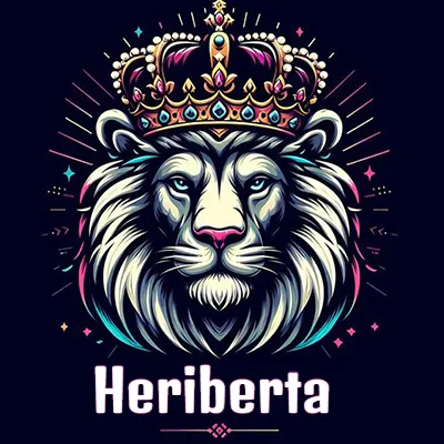 Dibujo majestuoso de león con corona enjoyada, rayos de luz detrás y nombre en la parte inferior. - Heriberta